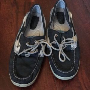 Navy blue plaid boat shoes size 8